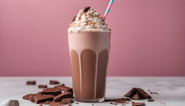 a glass of chocolate milkshake with a straw in it