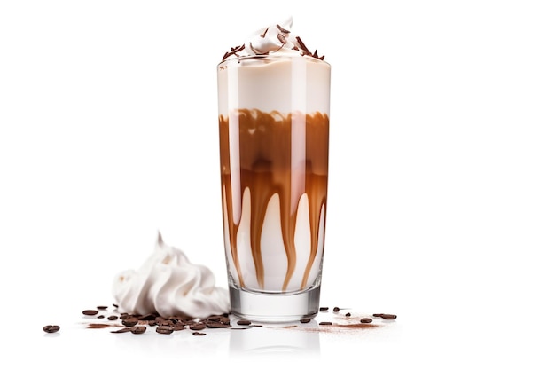 A glass of chocolate milkshake with whipped cream and chocolate chips on the side.