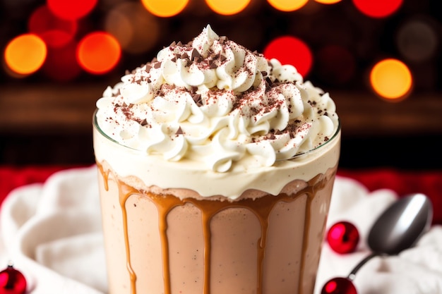 A glass of chocolate milkshake with whipped cream and chocolate syrup.