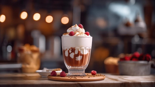 A glass of chocolate mocha with a red berry on top sits on a wooden table.