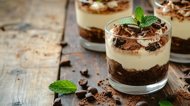 a glass of chocolate mousse with a mint leaf on top