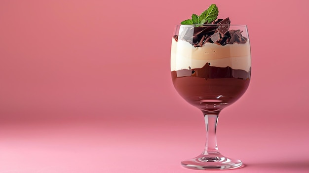 Photo a glass of chocolate mousse with a strawberry and chocolate dessert in it