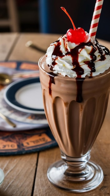 Glass of chocolate shake on table