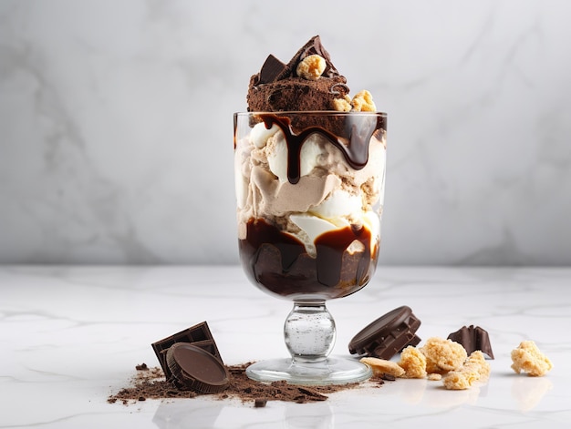 A glass of chocolate sundae with a chocolate sauce on top.