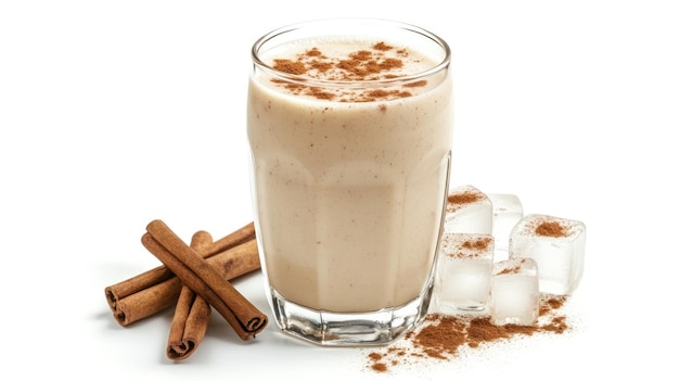 Photo glass of cinnamon milk shake with ice cubes and cinnamon sticks