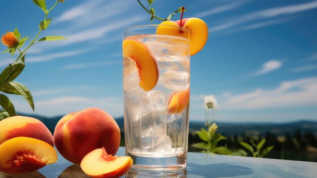 Glass of clean water for drinking with ice and peach against the background of the sky with clouds