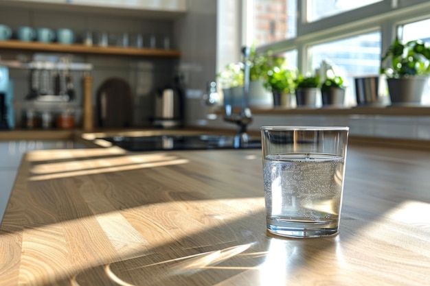 Glass of clean water on a wooden table in the kitchen interior Clean water