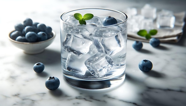 Glass of Clear Water with Ice Cubes on White Marble Surface