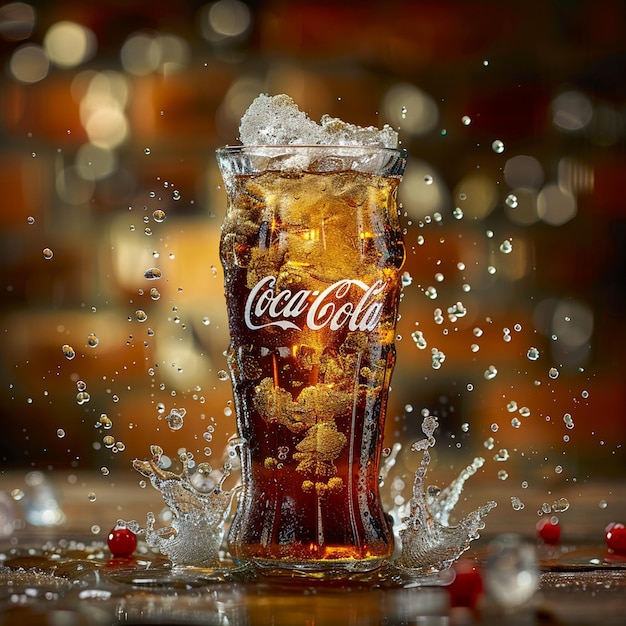 a glass of coca cola is filled with water and bubbles