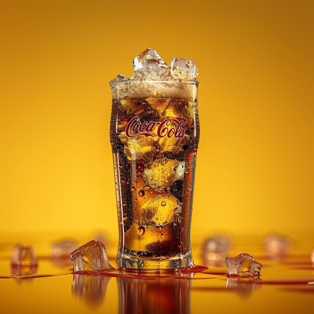 a glass of coca cola sits on a table