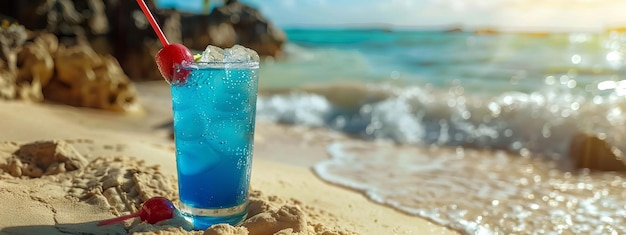 A glass of cocktail on a sandy coral beach Generative AI