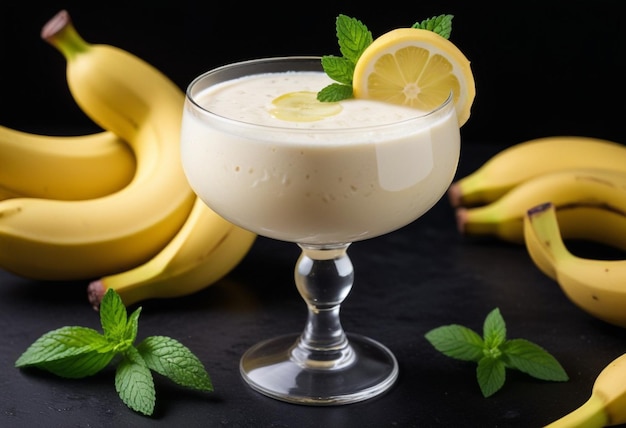 a glass of cocktail with bananas and lemons on a black table