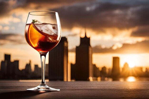 Photo a glass of cocktail with a city skyline in the background