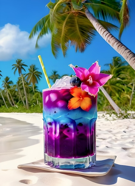 a glass of cocktail with flowers and a palm tree on the beach