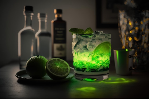 A glass of cocktail with glowing light background Created with Generative Ai