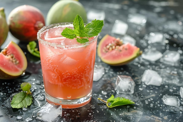 a glass of cocktail with a green leaf and a green leaf