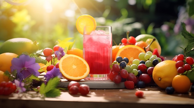 A glass of cocktail with ice cubes lemon and flowers on the background of the sea