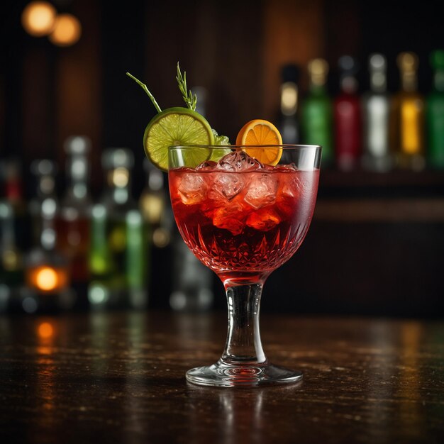 a glass of cocktail with a lime and a lime wedge on the table