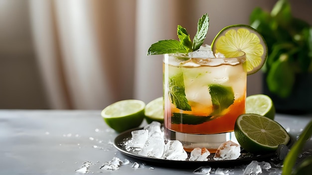 a glass of cocktail with lime and mint leaves