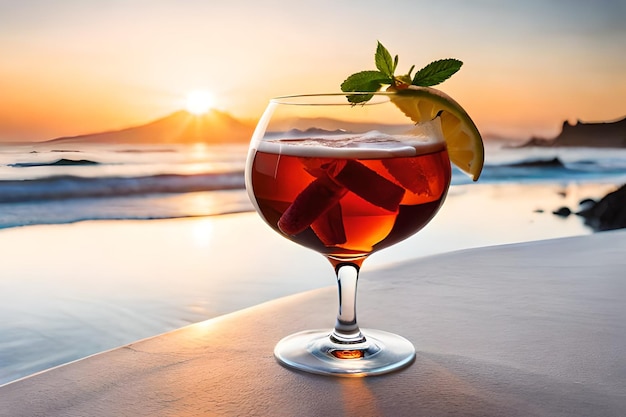 A glass of cocktail with a lime wedge on the edge of the water.