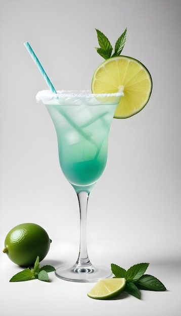 a glass of cocktail with limes and limes on a white background