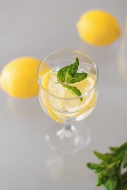 Glass of cocktail with mineral water lemon and mint top view Detox drink