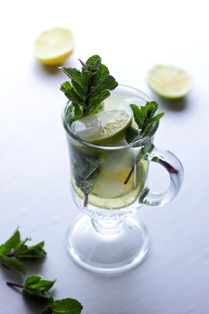 Glass of cocktail with mint and citrus fruits on a light background Fresh healthy cold lemon beverage Water with lemon Closeup