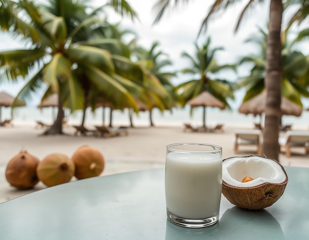 Photo glass of coconut juice with blurred coconut tree background