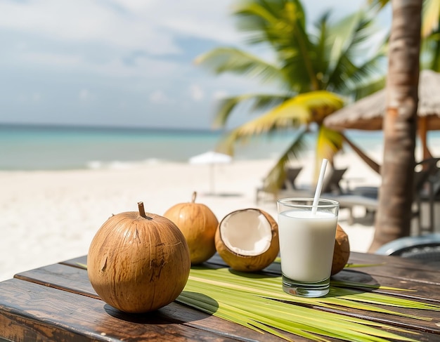 Glass of coconut juice with blurred coconut tree background