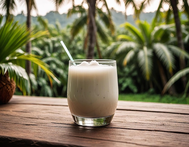 Photo glass of coconut juice with blurred coconut tree background