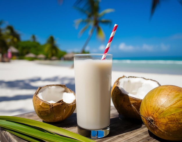 Photo glass of coconut juice with blurred coconut tree background