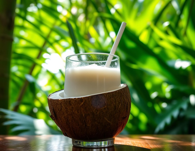 Glass of coconut juice with blurred coconut tree background