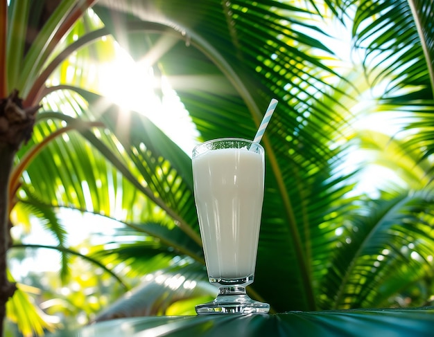 Photo glass of coconut juice with blurred coconut tree background