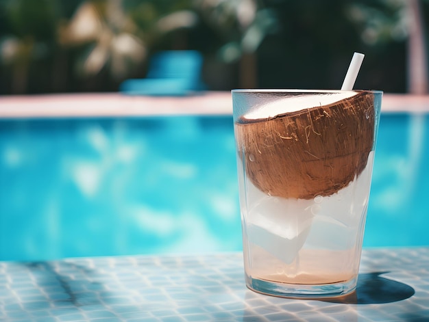 A Glass of Coconut juice with green coconut Refreshing and healthy green coconut juice with ice