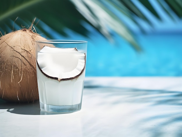 Photo a glass of coconut juice with green coconut refreshing and healthy green coconut juice with ice