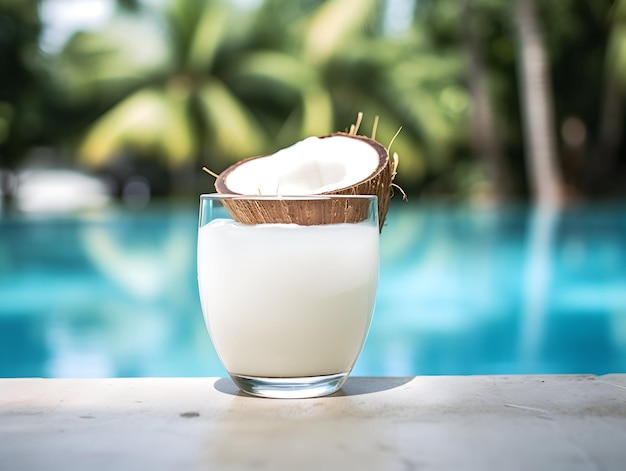 Photo a glass of coconut juice with green coconut refreshing and healthy green coconut juice with ice