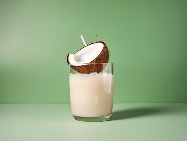 A Glass of Coconut juice with green coconut Refreshing and healthy green coconut juice with ice