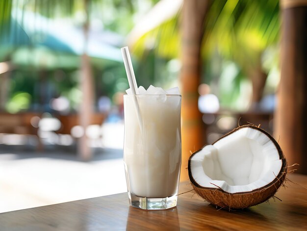 Photo a glass of coconut juice with green coconut refreshing and healthy green coconut juice with ice