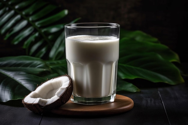 A glass of coconut milk next to a coconut