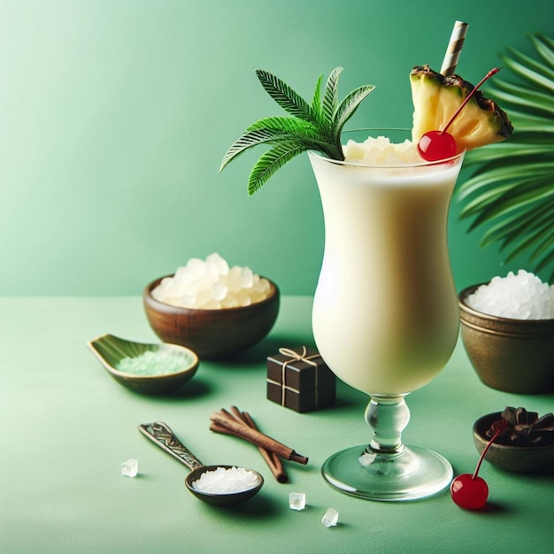 a glass of coconut milk sits next to a coconut drink