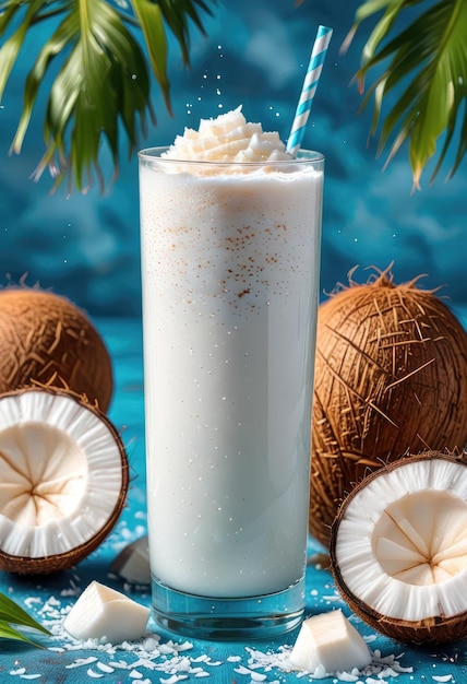 Photo a glass of coconut milk with coconuts in it and coconuts on the table