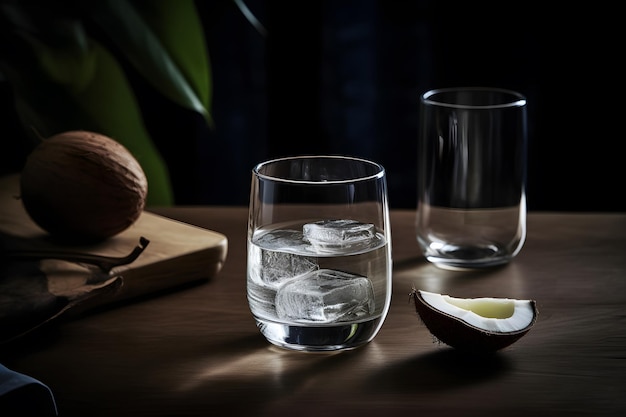 A glass of coconut water sits on a table next to a coconut.