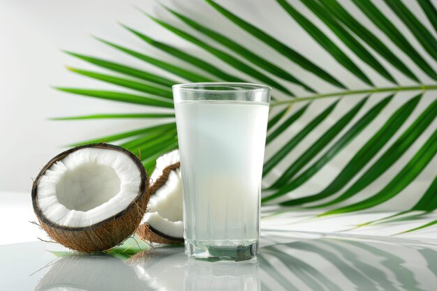 Glass of coconut water with coconut juice in half fruit and palm leaf isolated on white background