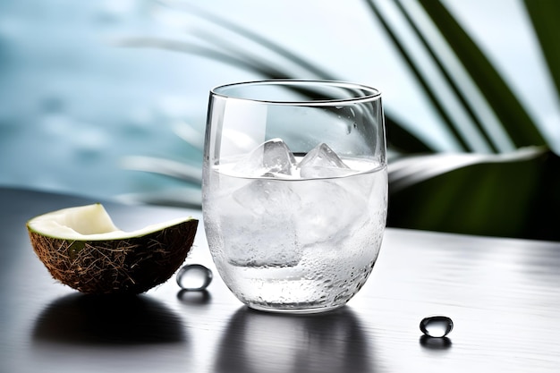 A glass of coconut water with ice on it