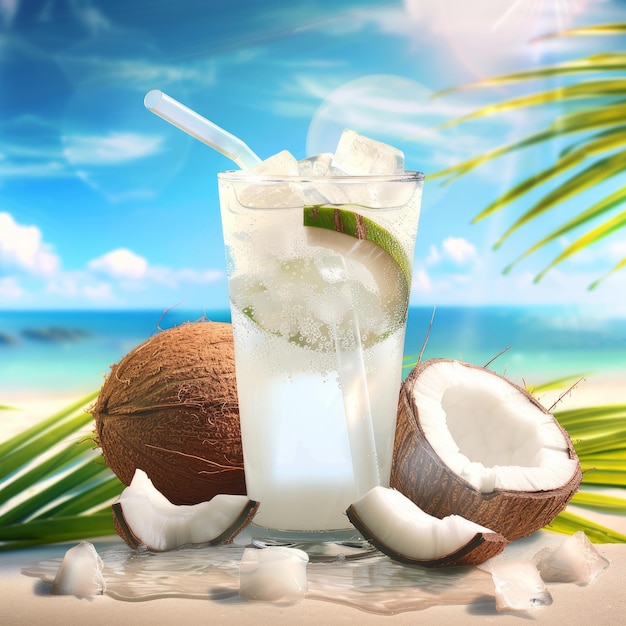 Photo a glass of coconut water with a straw and a piece of coconut on the side