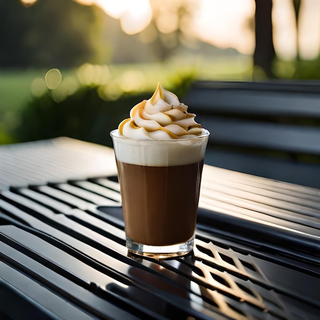 A glass of coffee with cream on the top of it.