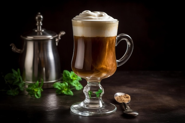 A glass of coffee with a cup of coffee on a dark background.