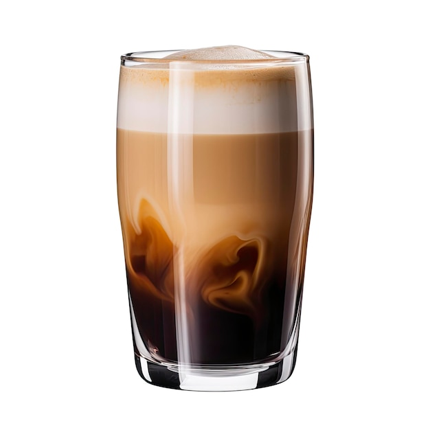 A glass of coffee with foamy foam on top of it.