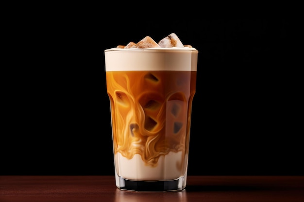 a glass of coffee with ice and caramel