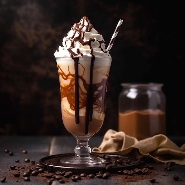 A glass of coffee with a straw and a glass of coffee with whipped cream and chocolate syrup.